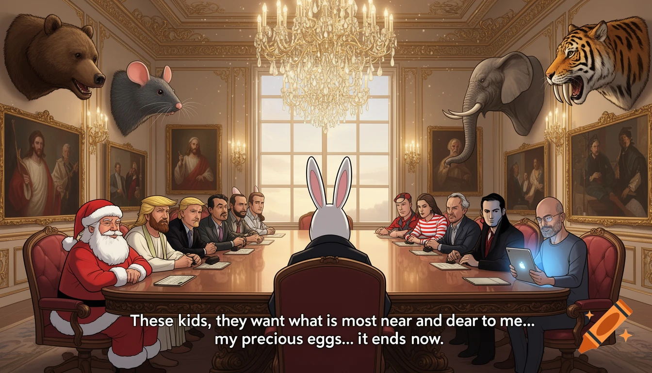 Cartoon image of Santa, Jesus, Trump, and others in a lavish boardroom, with the Easter Bunny speaking.