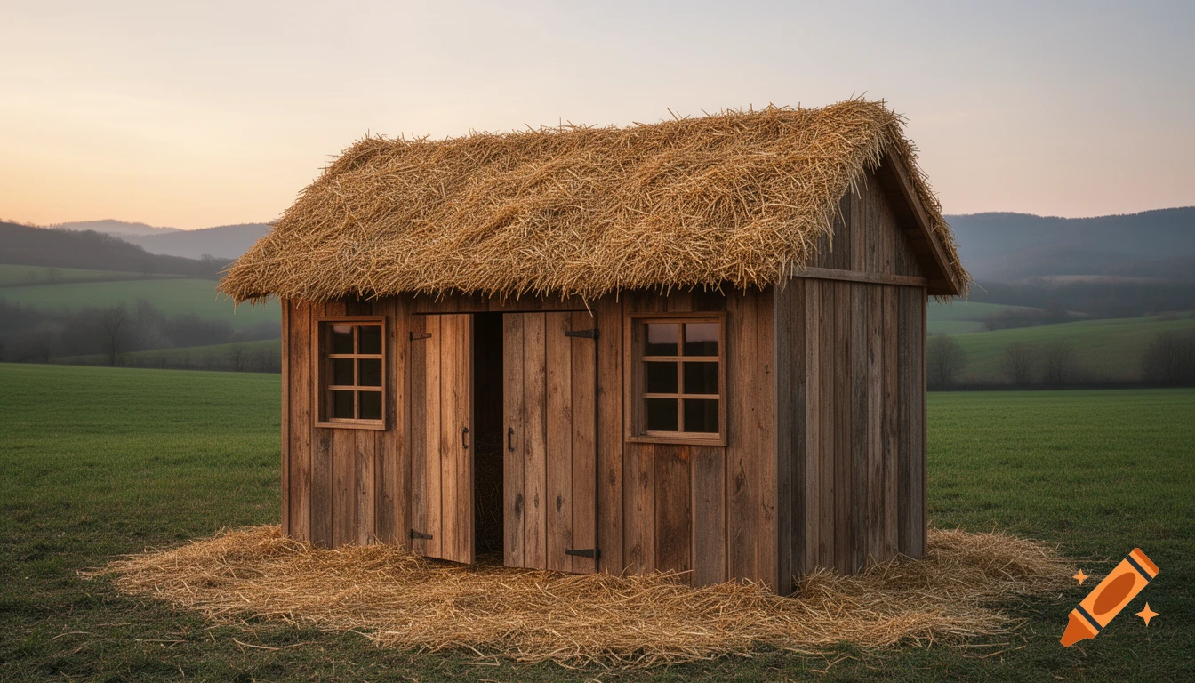 A rustic wooden shed with a thatched roof, barn doors, and windows stands in a green field with scattered straw, under a pale sky with hills in the background.