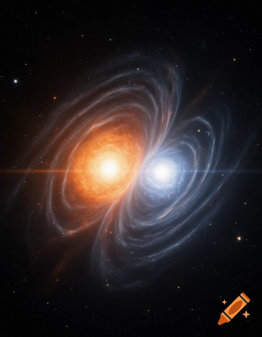 Two bright, spiraling celestial bodies, one orange and one blue, interact in a dark, star-filled space.