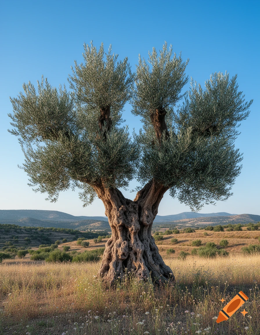 A majestic, gnarled olive tree stands alone in a sunlit field with distant hills under a clear blue sky.