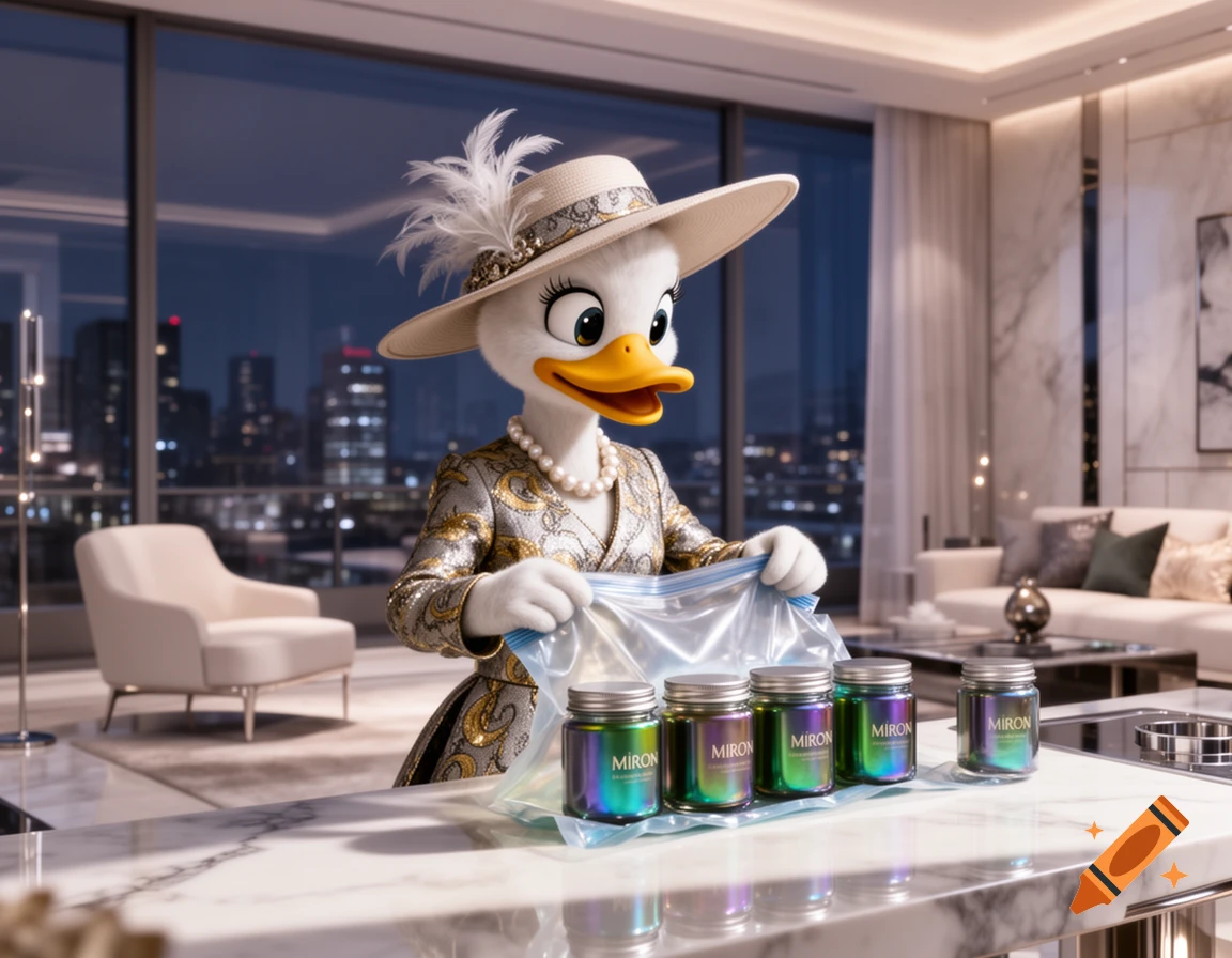 Daisy Duck in a high fashion outfit vacuum sealing iridescent jars in a luxurious penthouse with a city view at night.