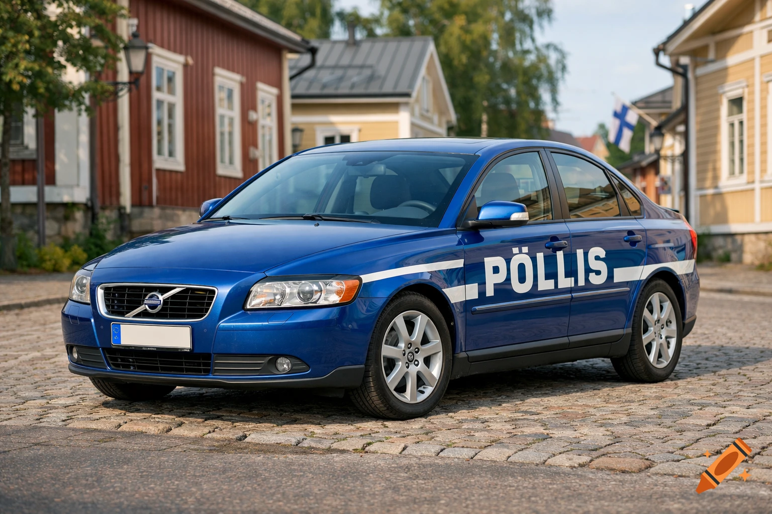 A blue Volvo S40 sedan with white "PÖLLIS" text and stripes, resembling a Finnish police car, parked on a cobblestone street.