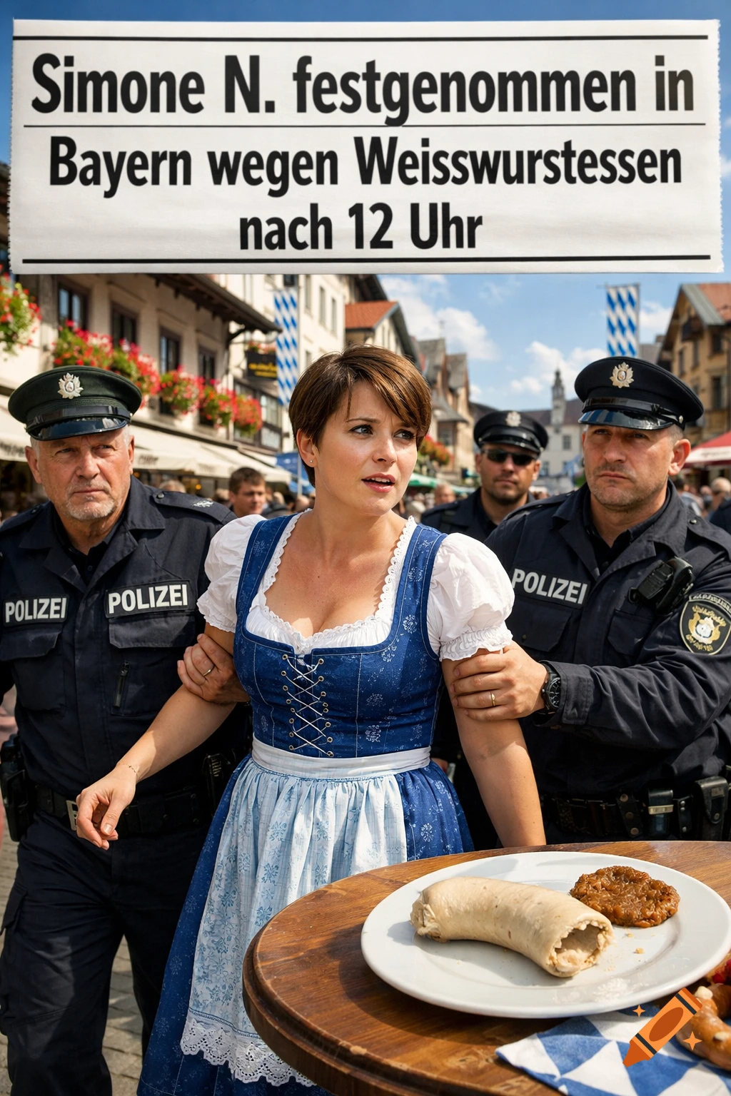 A woman in a dirndl is arrested by police in Bavaria for eating Weisswurst after noon, under a sign stating the reason.