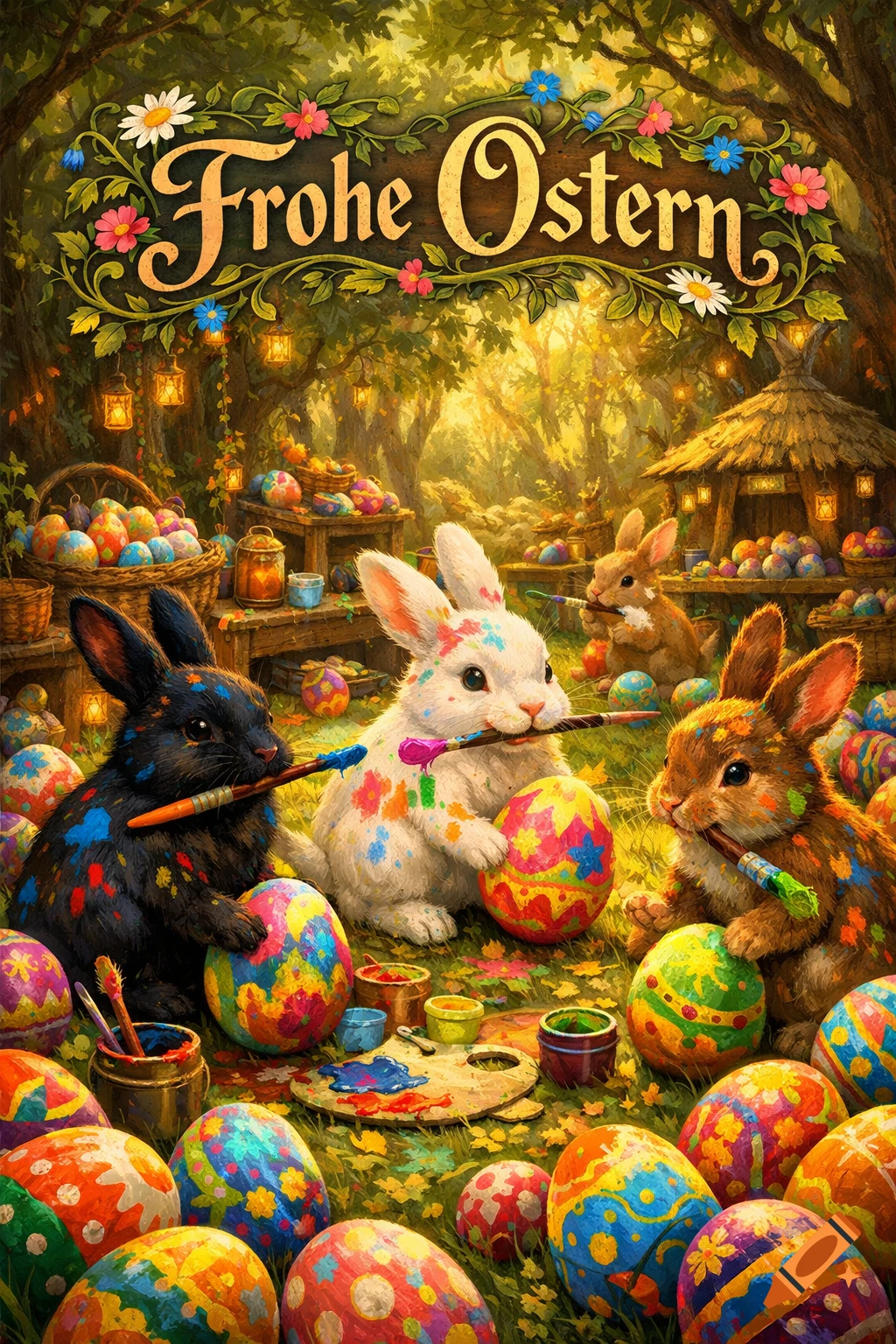 Painted fantasy scene of three paint-splattered bunnies decorating vibrant Easter eggs in a magical forest workshop, with 'Frohe Ostern' text above.