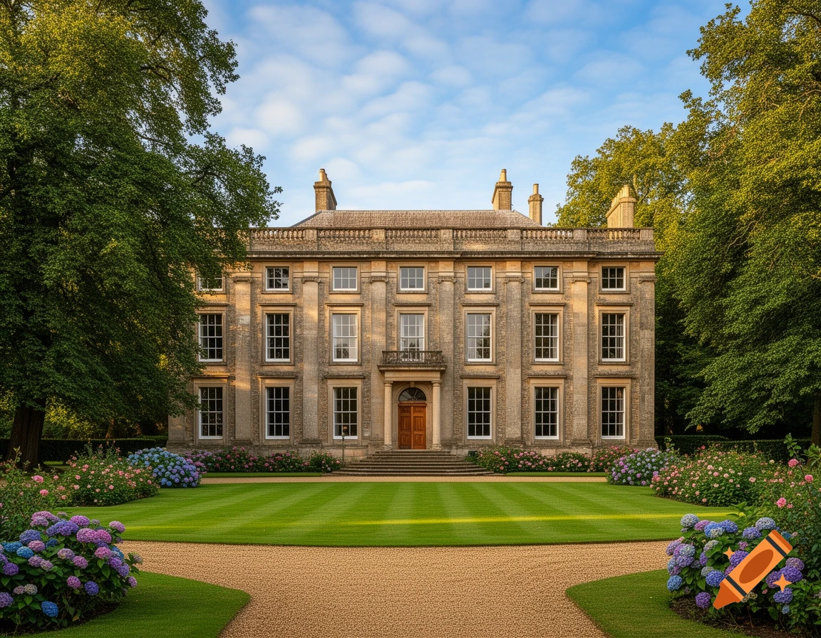 A grand English country mansion house with a stone facade, surrounded by lush green lawns, trees, and colorful hydrangea bushes under a blue sky.