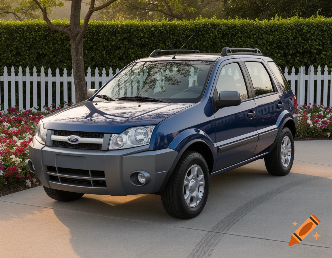 A blue Ford Ecosport SUV parked on a driveway in front of a white picket fence and lush green hedge with pink and white flowers.