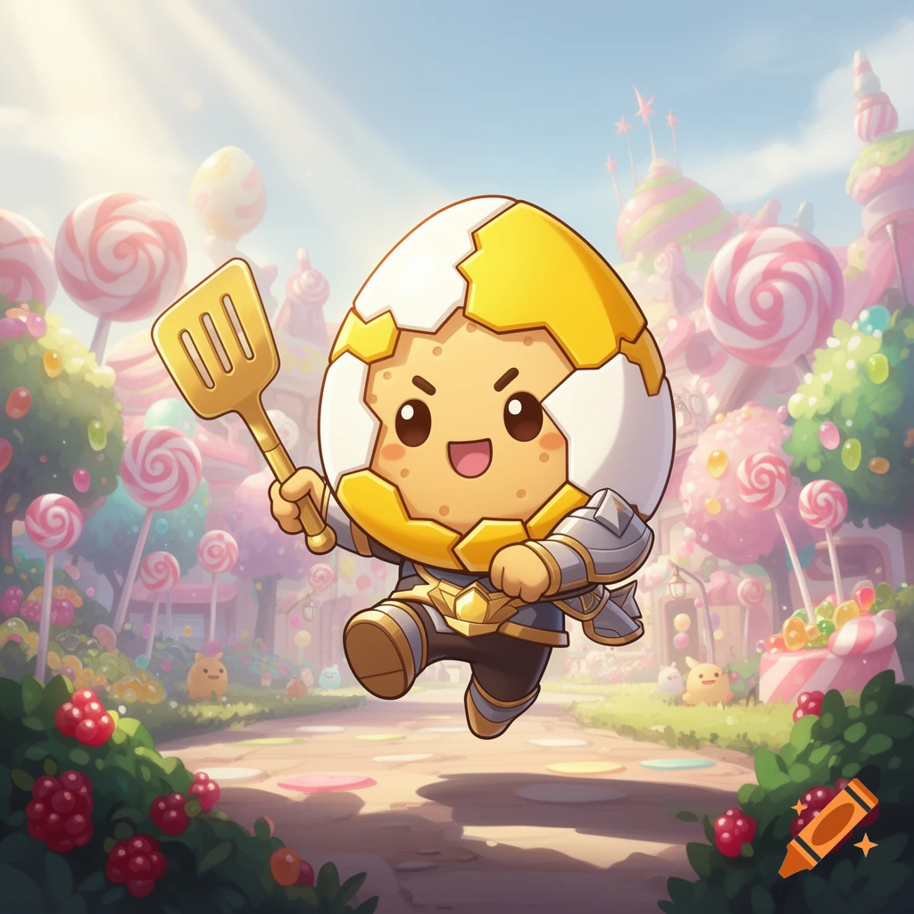 A cute, cartoon egg character with a cracked shell and armor, holding a golden spatula, skips through a vibrant candy land.