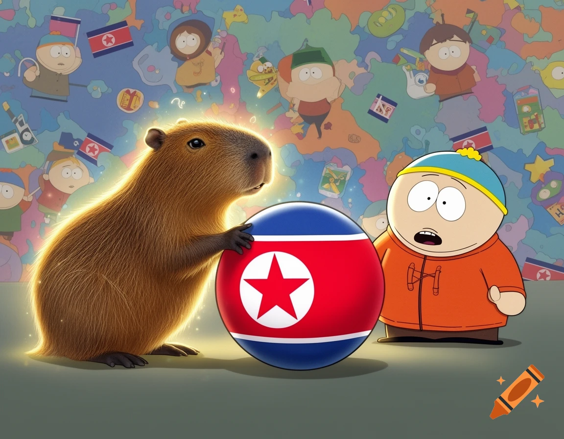 A glowing capybara holds a North Korea countryball as Eric Cartman from South Park looks on in a cartoon scene.
