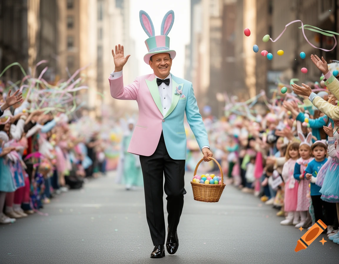 A man in a pink and blue tuxedo with bunny ears and an Easter basket waves to people in a colorful Easter parade.