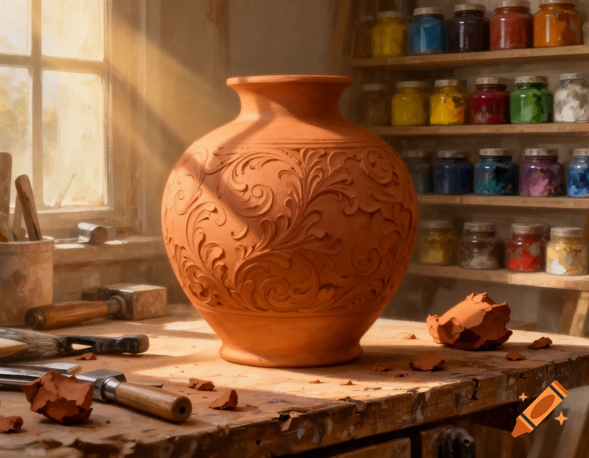 An ornate terracotta vase with carved designs sits on a sunlit wooden workbench, surrounded by pottery tools and clay scraps. Jars of colorful paints line shelves in the background.