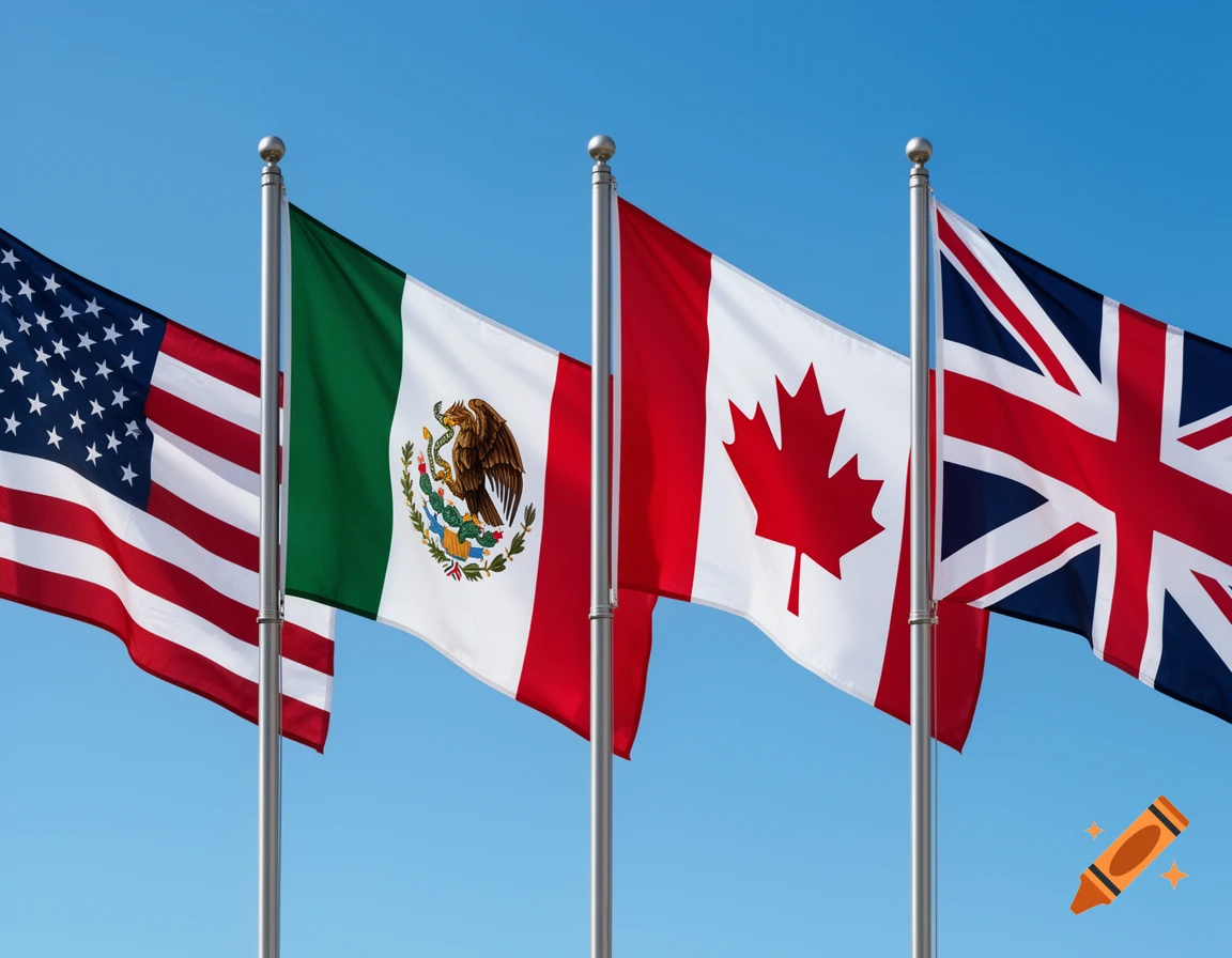 Photorealistic flags of the USA, Mexico, Canada, and the United Kingdom waving against a clear blue sky.