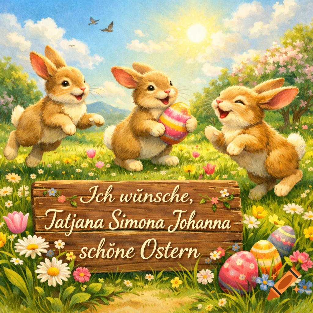Three cute watercolor bunnies play in a sunny spring meadow with flowers and colorful Easter eggs, next to a wooden sign with German text.