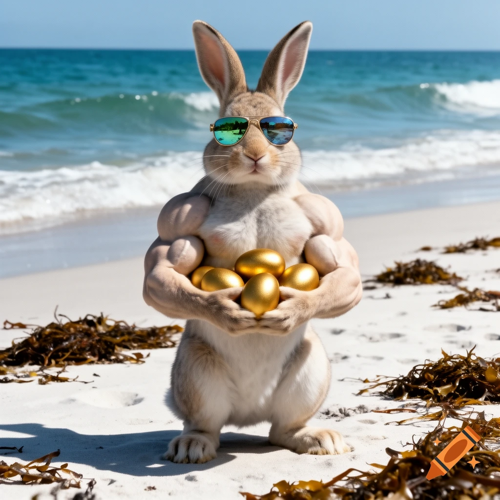 A muscular rabbit wearing sunglasses holds golden eggs on a sunny beach with ocean waves.