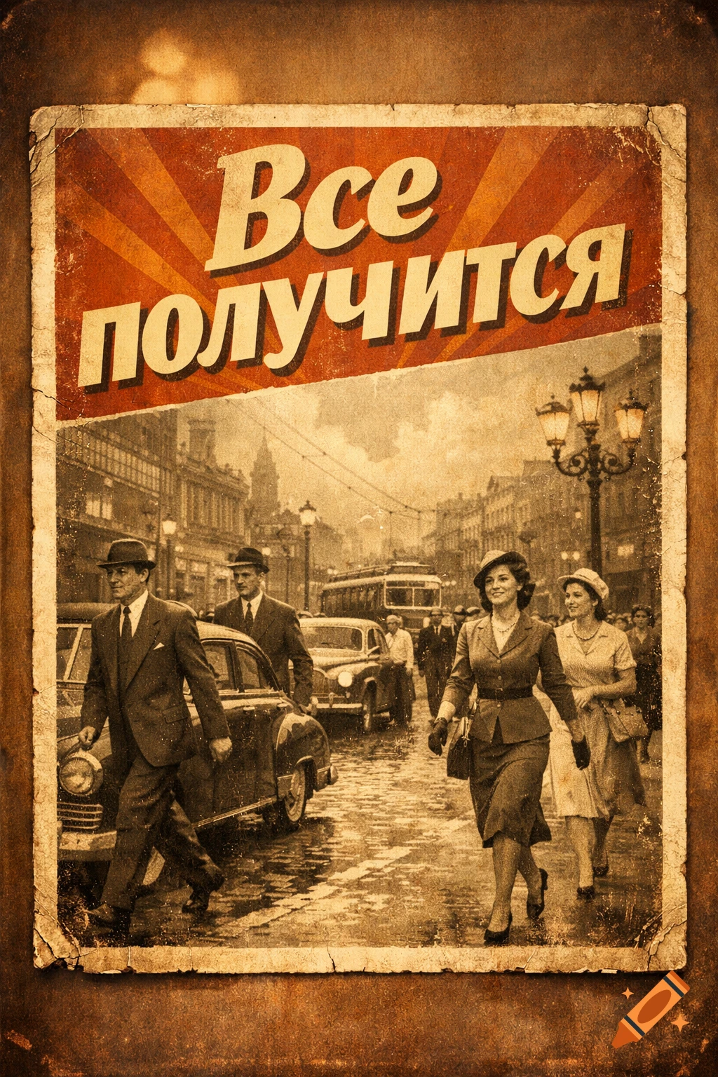 Retro-style poster of people walking on a wet city street with cars, under a banner with Russian text 'Все получится'.