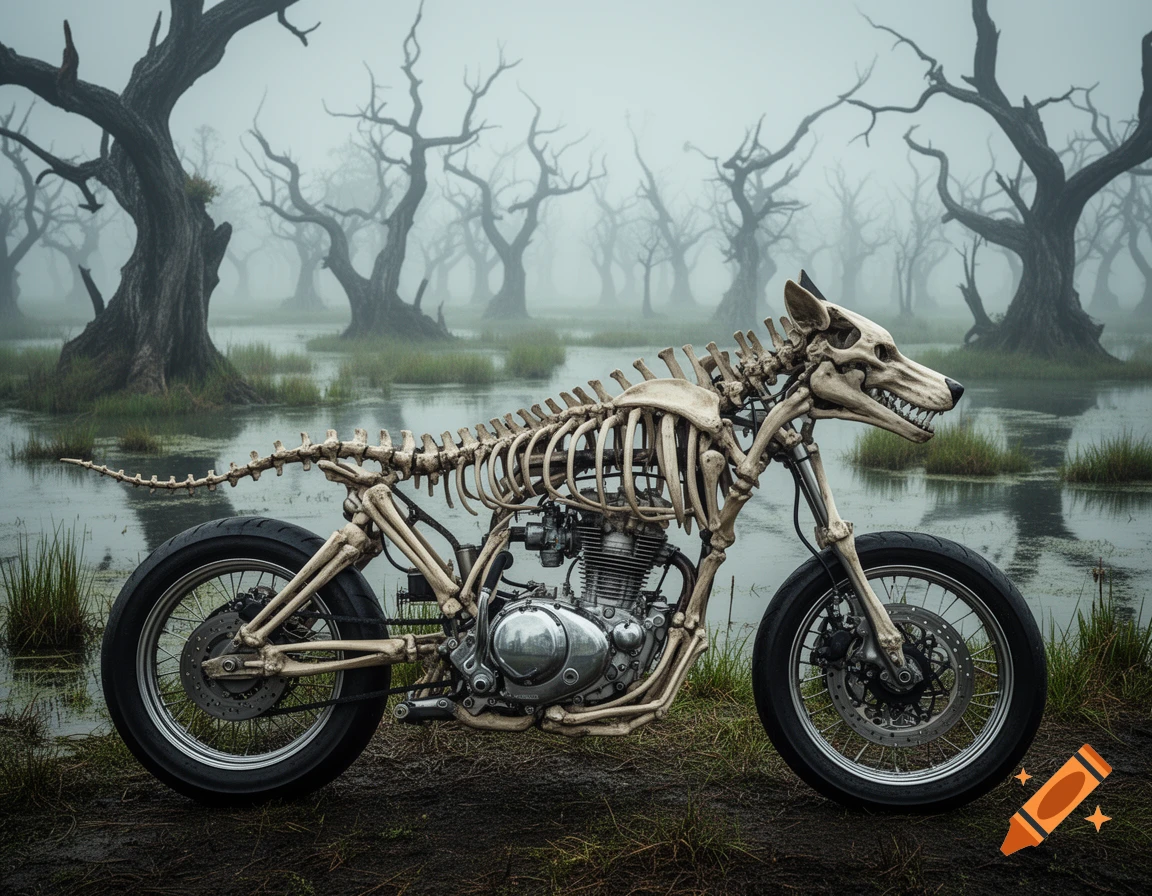 A side view of a motorcycle with a wolf skeleton frame parked in a foggy, eerie swamp with bare trees.
