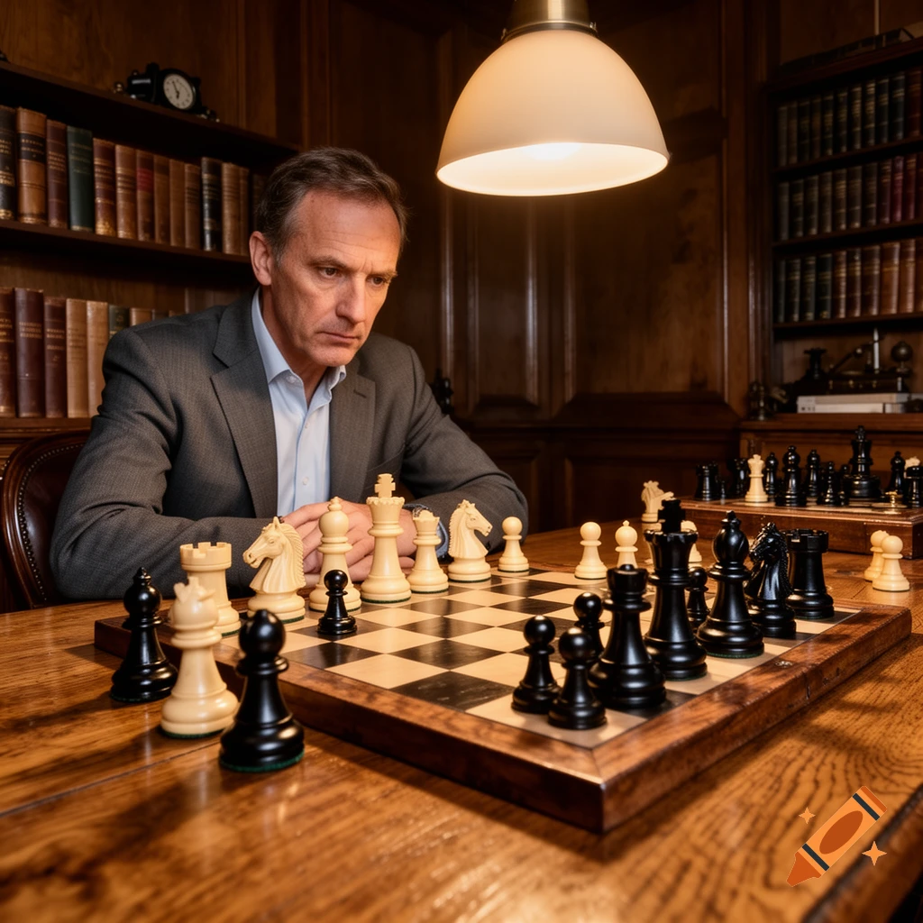 A man in a suit is deeply focused on a chessboard in a wood-paneled study, with bookshelves in the background.