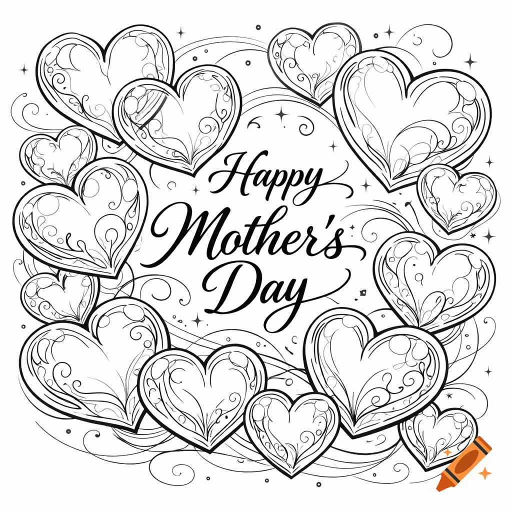 A black and white outline drawing of numerous decorative hearts surrounding the text 'Happy Mother's Day' in a script font.