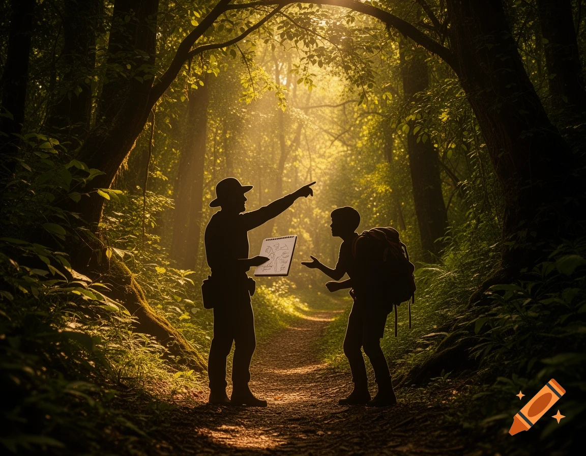 Silhouettes of an adult pointing and a child with a backpack on a sunlit forest path.