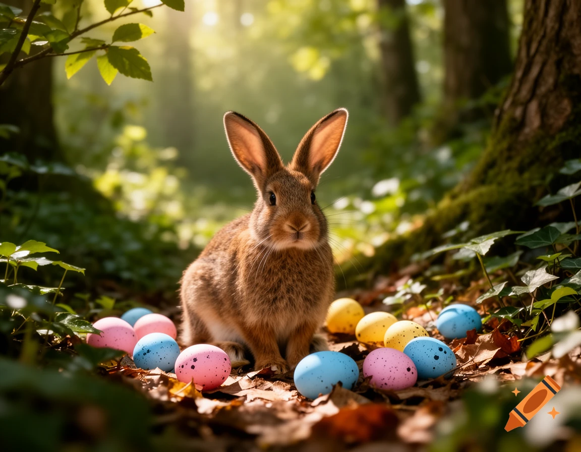 A brown rabbit sits among colorful pastel Easter eggs on fallen leaves in a sun-dappled forest.