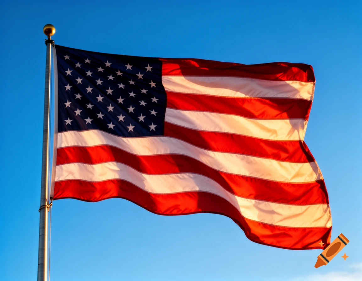 An American flag with red and white stripes and a blue field with white stars waves against a clear blue sky.