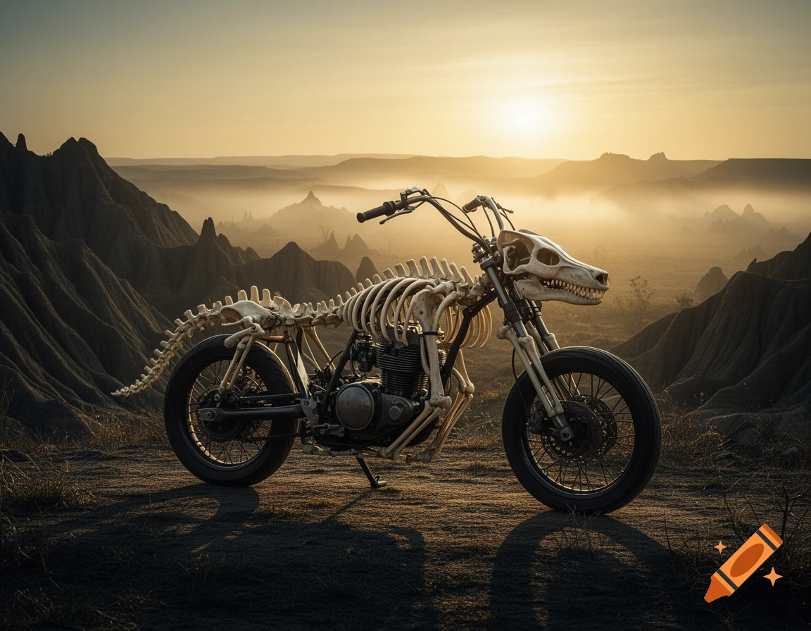 A photorealistic image of a motorcycle with a skeleton frame, including a wolf skull front, parked in a desert landscape at sunset.