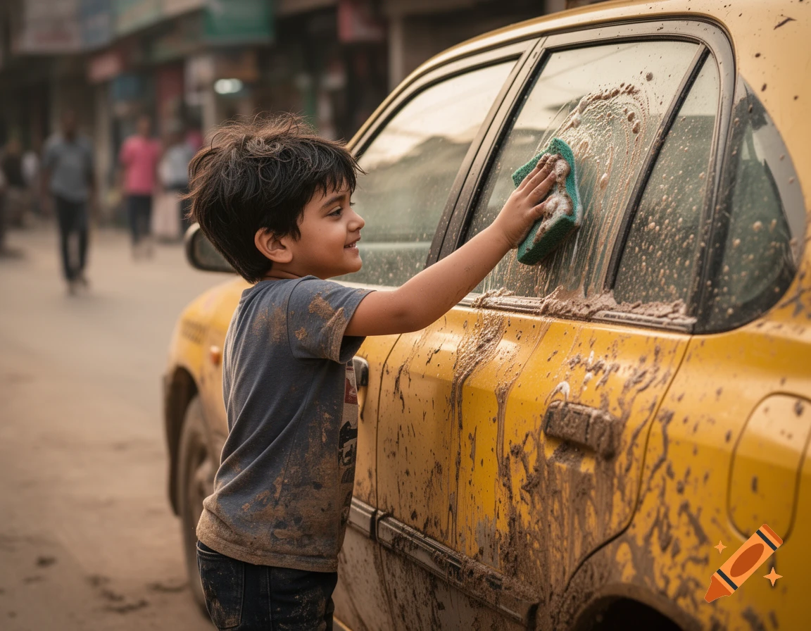 A smiling little boy in a dirty shirt cleans a muddy yellow car with a blue sponge on a street.