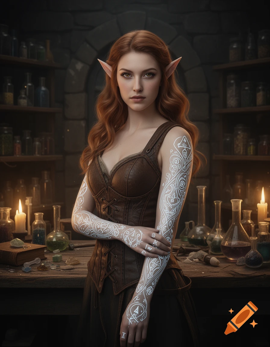 A red-haired elf woman with glowing white alchemy tattoos on her arms stands in a dim potion laboratory, looking forward.