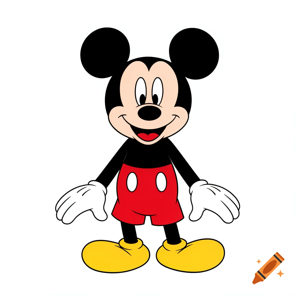 Full body illustration of Mickey Mouse smiling, wearing red shorts and yellow shoes.