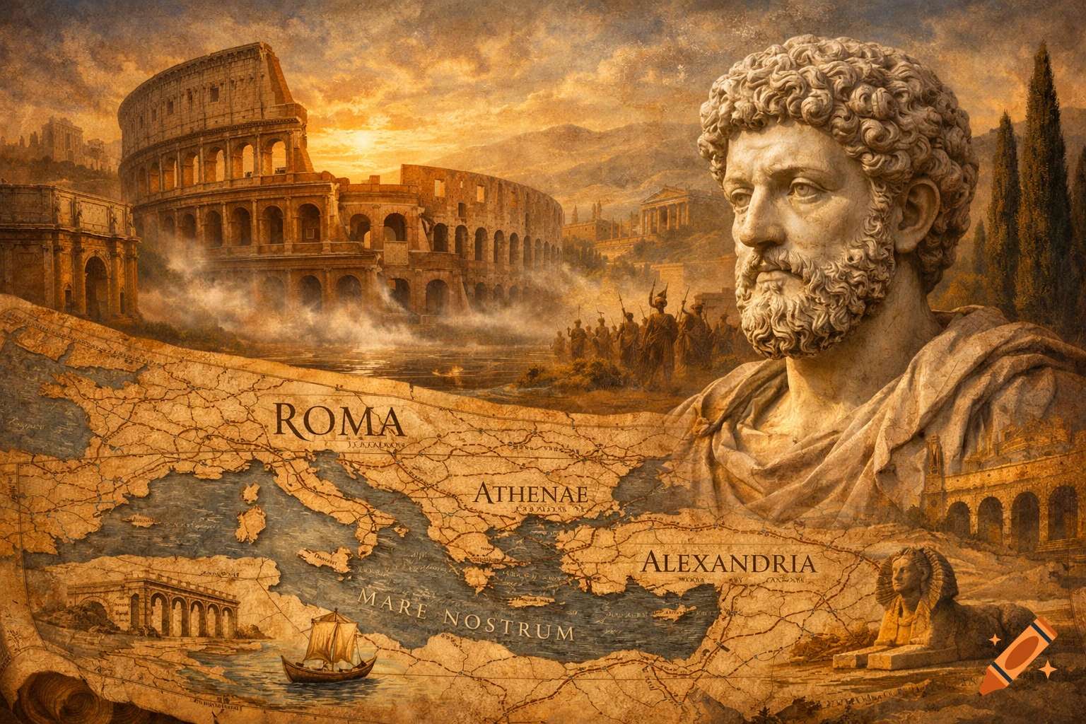 A sepia-toned collage features a statue of Marcus Aurelius, the Colosseum, a Roman-era map with cities and 'Mare Nostrum,' and soldiers in the background.