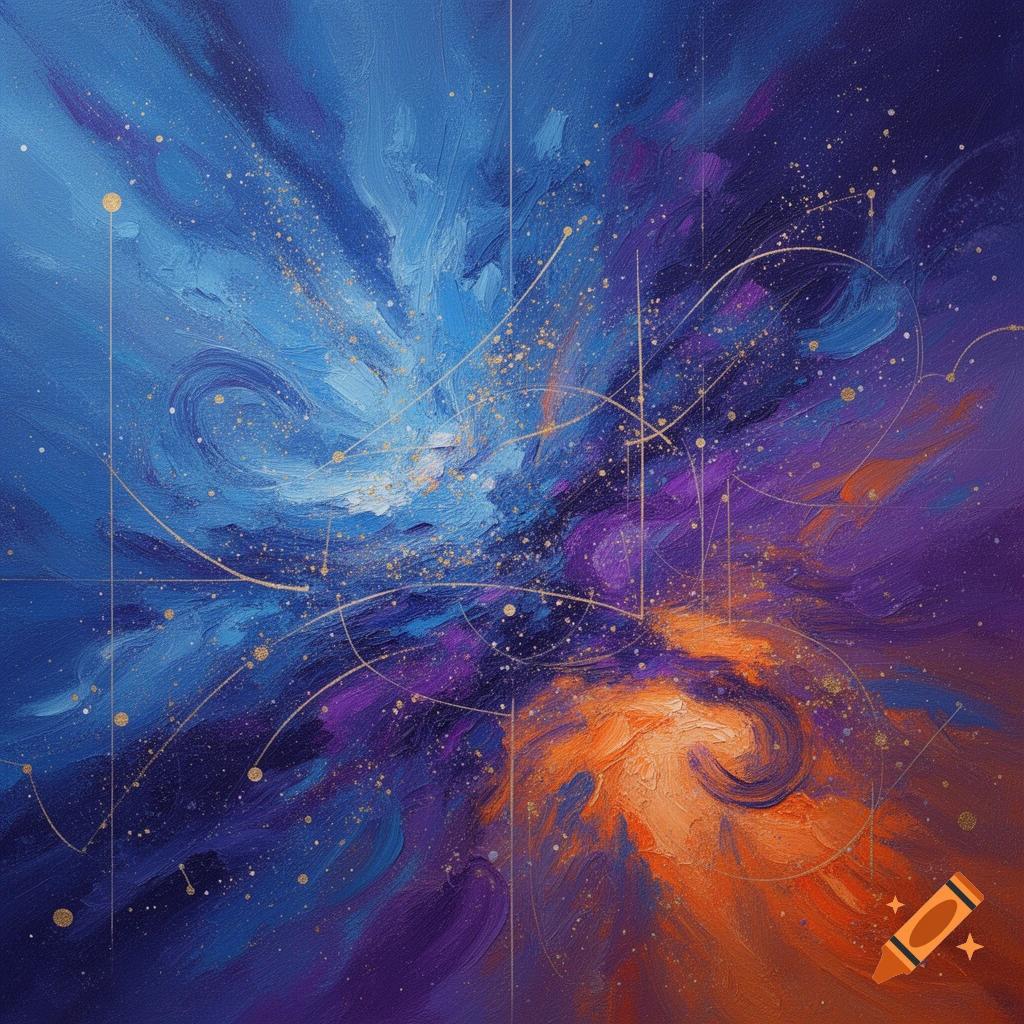 Abstract painting with swirling blue, purple, and orange brushstrokes, speckled with gold dots and thin lines.