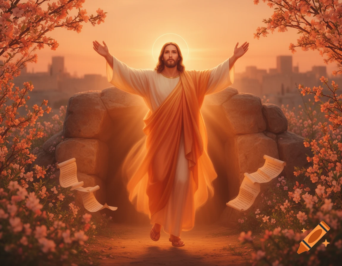 Jesus with arms outstretched, rising from a tomb among blossoming trees at sunset, with a distant city and floating scrolls.