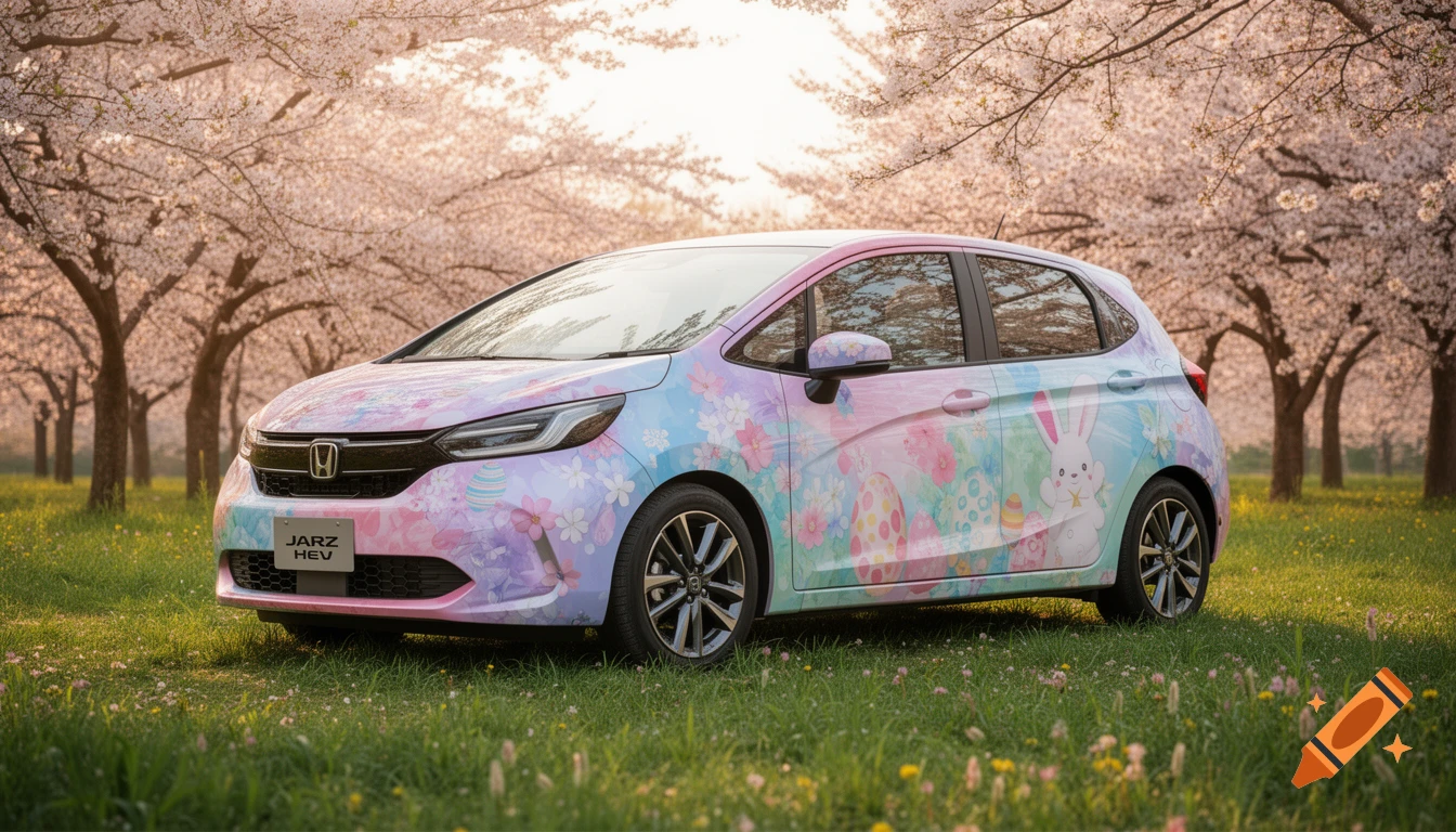 A Honda Jazz HEV car with a pastel Easter and spring floral wrap, parked in a field under cherry blossom trees.