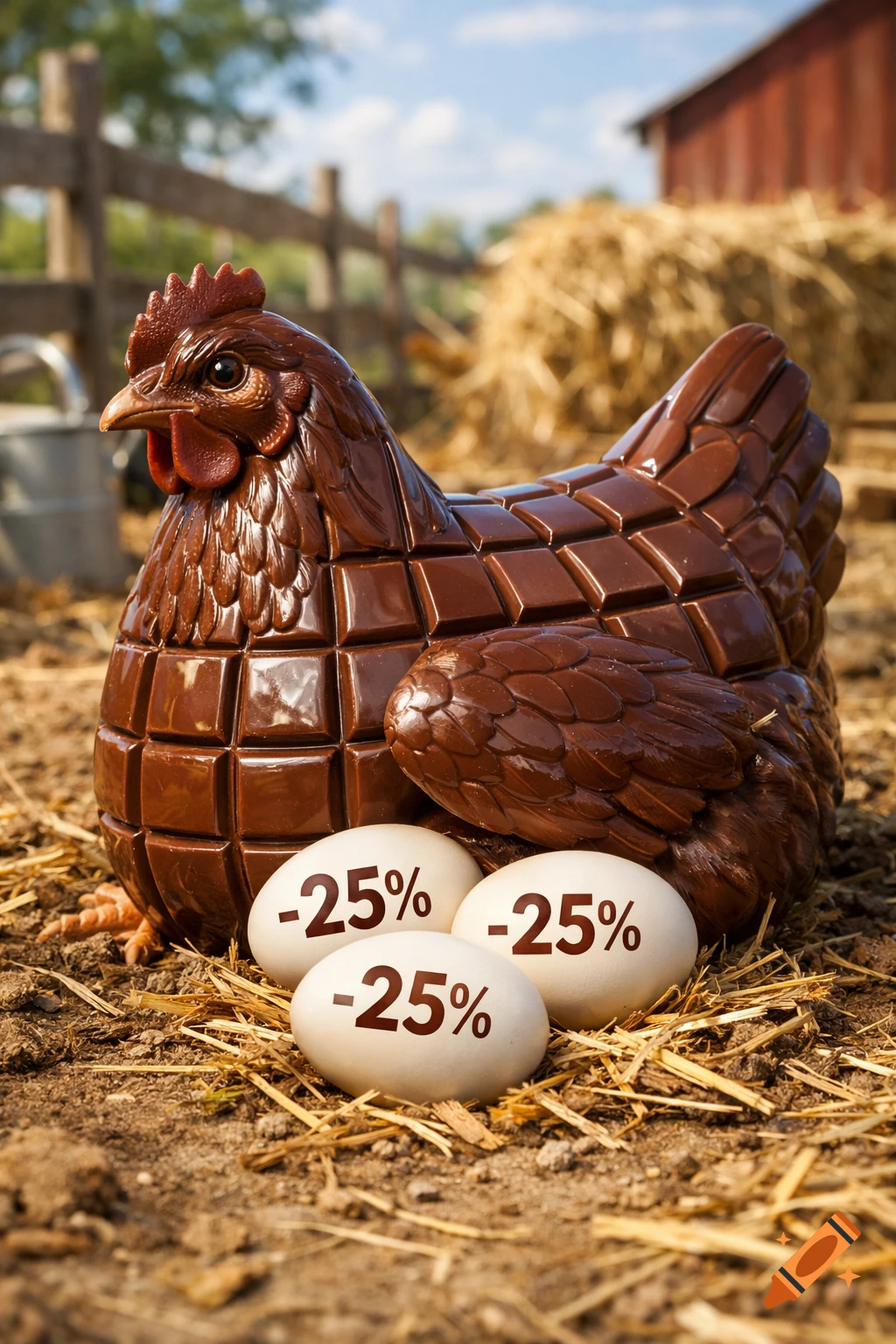 A photorealistic chocolate chicken sits on straw in a farm setting, with eggs displaying '-25%'.