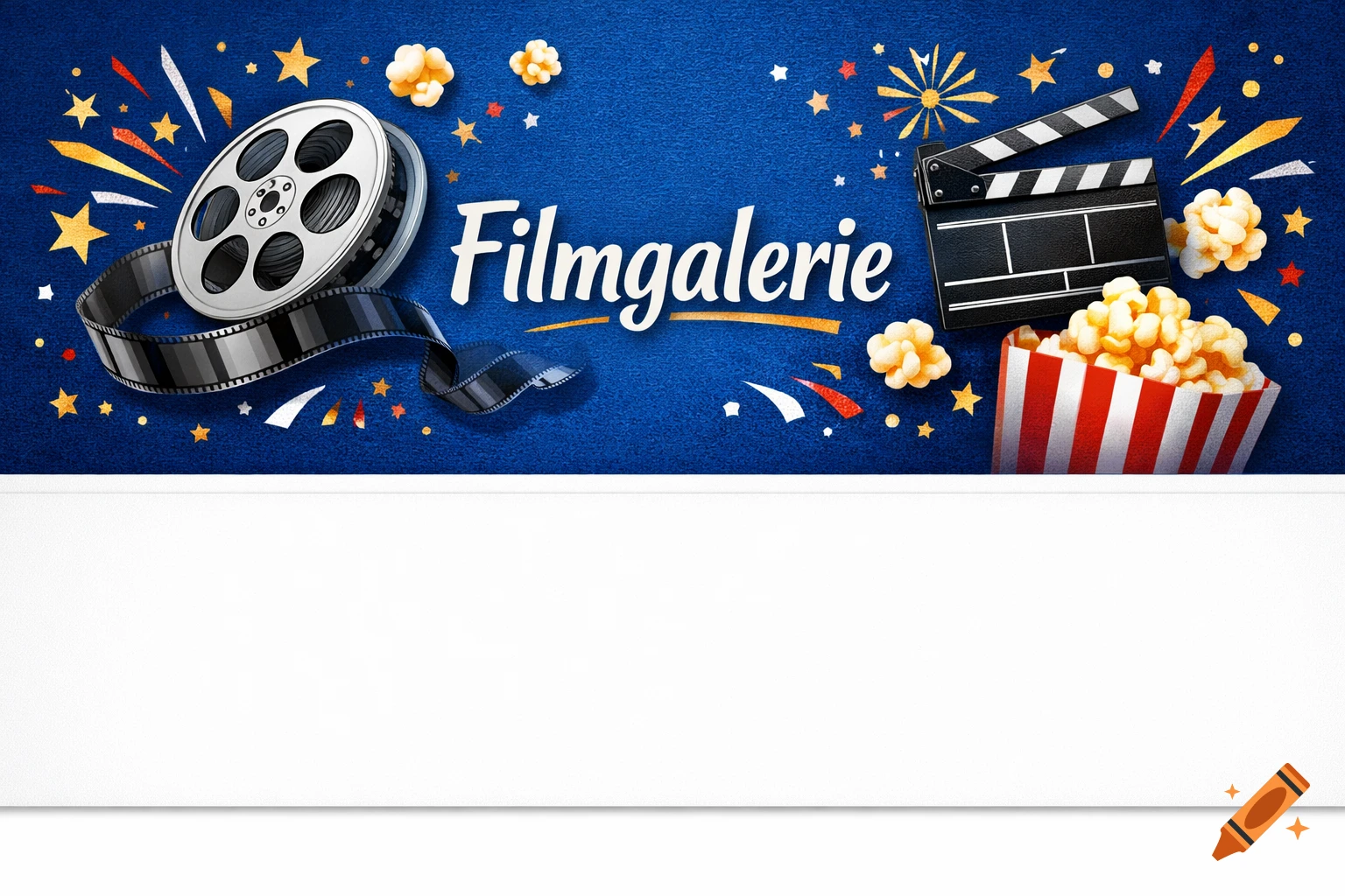 Illustration of a film reel, clapboard, popcorn, and stars on a blue background with 'Filmgalerie' text and a white bottom section.
