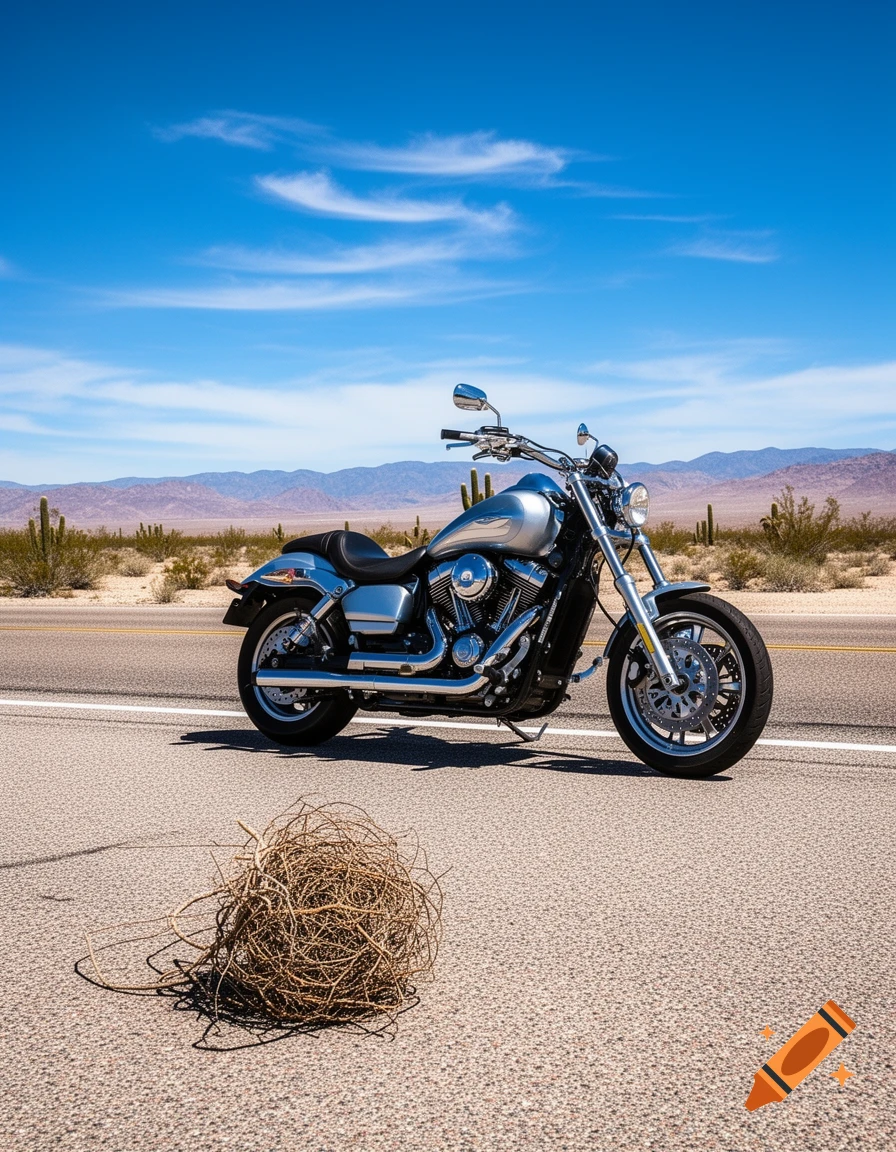 A shiny silver motorcycle parked on a desert road next to a tumbleweed under a clear blue sky.
