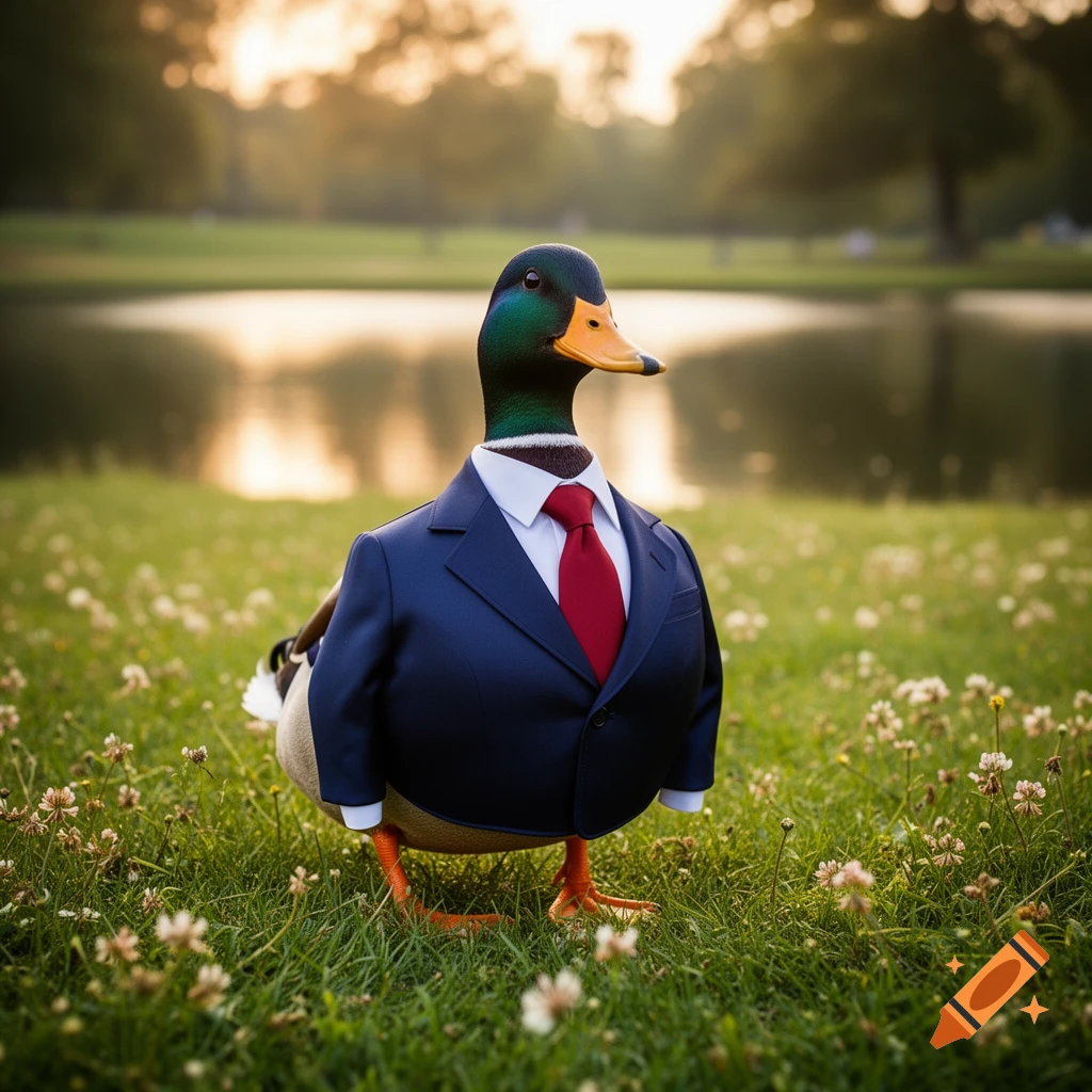 A mallard duck in a dark blue suit with a white shirt and red tie stands in a grassy park by a pond at sunset.