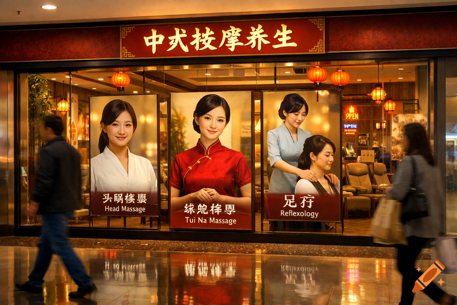A busy shopping mall scene featuring the storefront of a Chinese massage parlor with large posters of smiling women advertising various massage services, with people walking by in motion blur.