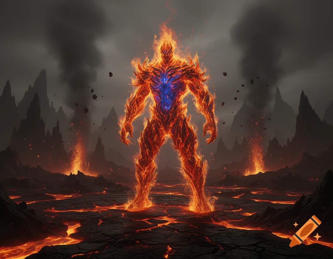 A muscular, humanoid fire creature with a blue core stands in a dark, volcanic landscape with molten lava rivers and jagged peaks.