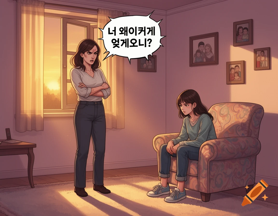 An angry mother with crossed arms scolding her sad daughter sitting in a chair in an anime style living room during sunset.