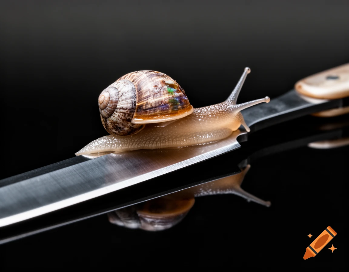 A snail with a brown shell slowly crawls along the sharp edge of a straight razor, reflecting on the dark surface below.