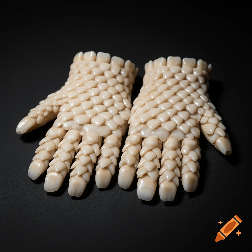A pair of photorealistic, surreal gloves made from many human teeth, presented on a dark background.
