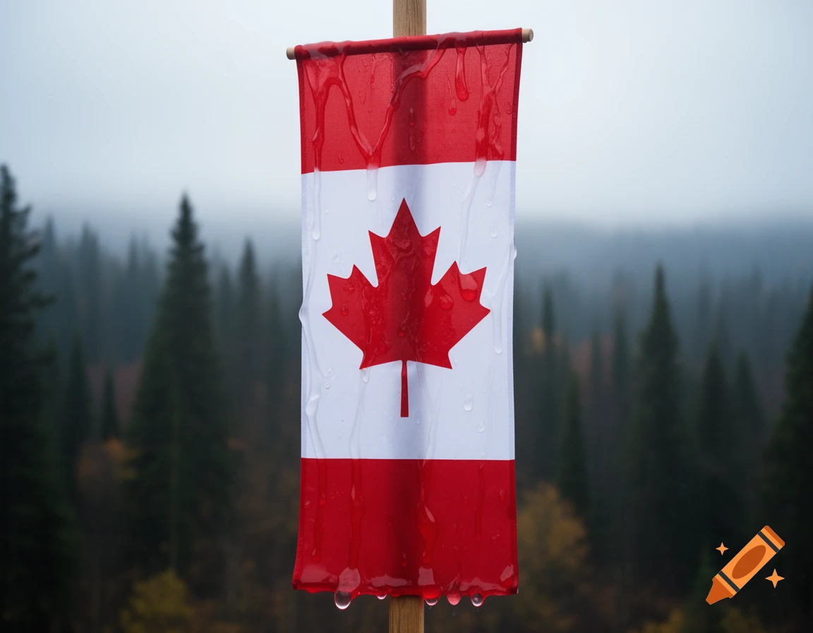 A Canadian flag, wet with water droplets, hangs vertically from a wooden pole against a misty forest backdrop.