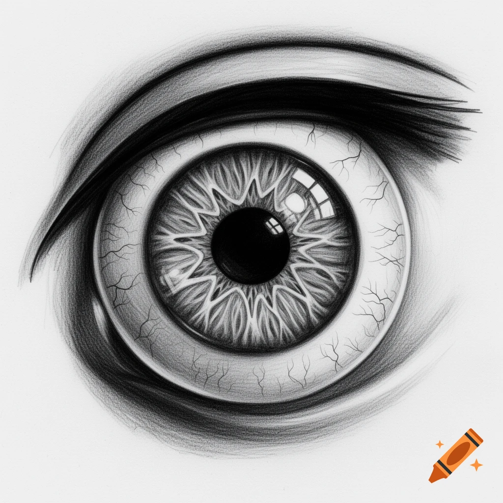 Detailed black and white pencil drawing of a human eye with visible iris patterns and bloodshot veins.