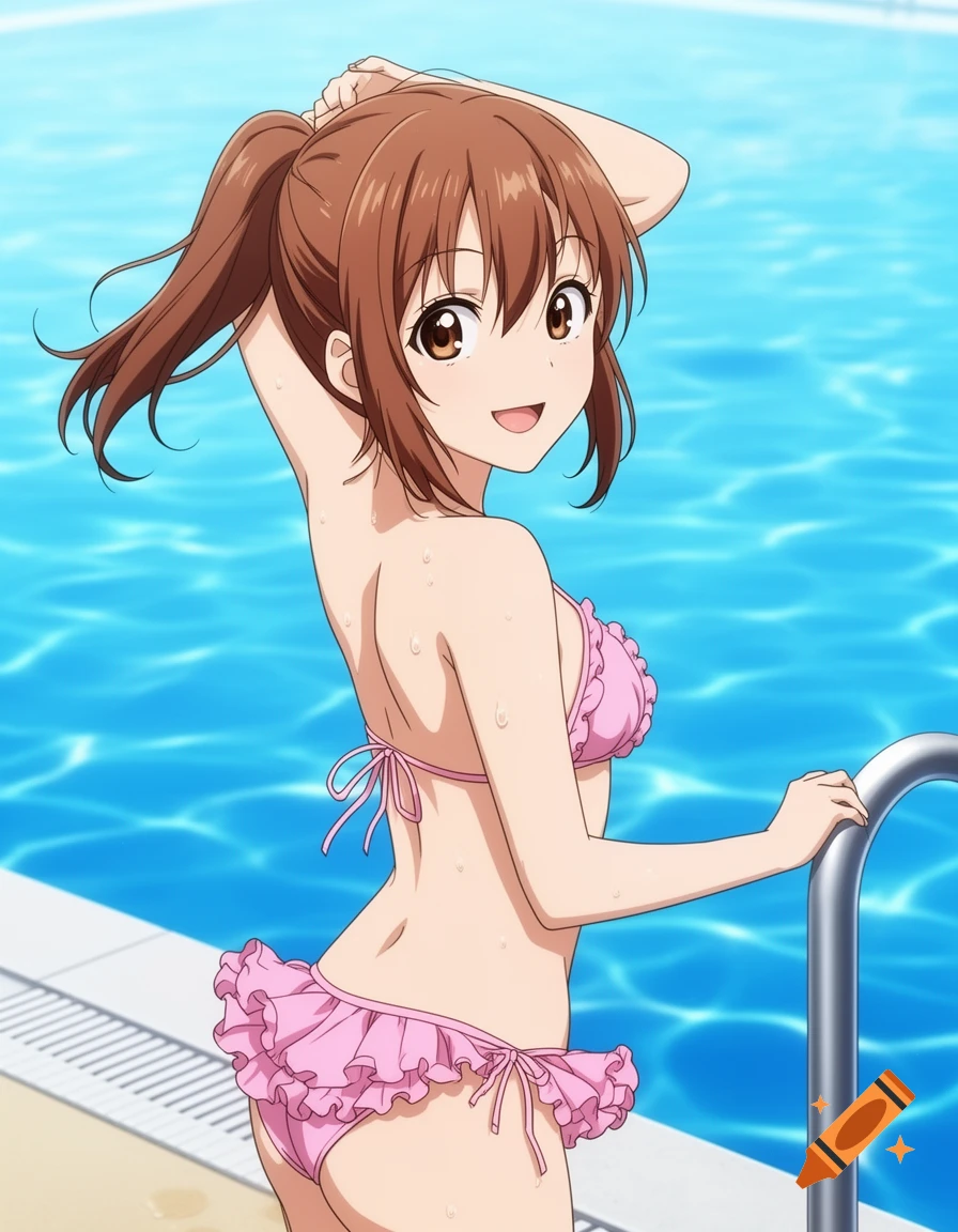 An anime girl with brown hair in a ponytail, wearing a pink ruffled bikini, smiles while posing by a blue swimming pool.