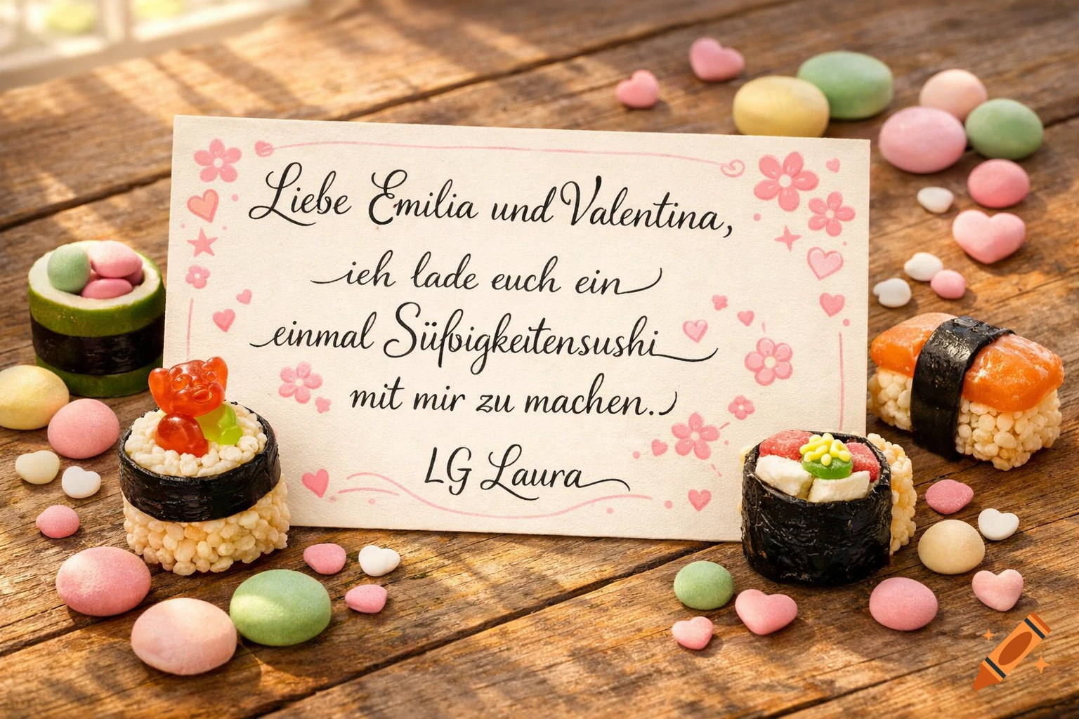 An invitation card for candy sushi, surrounded by colorful candy and mini sushi made of sweets, on a wooden table.