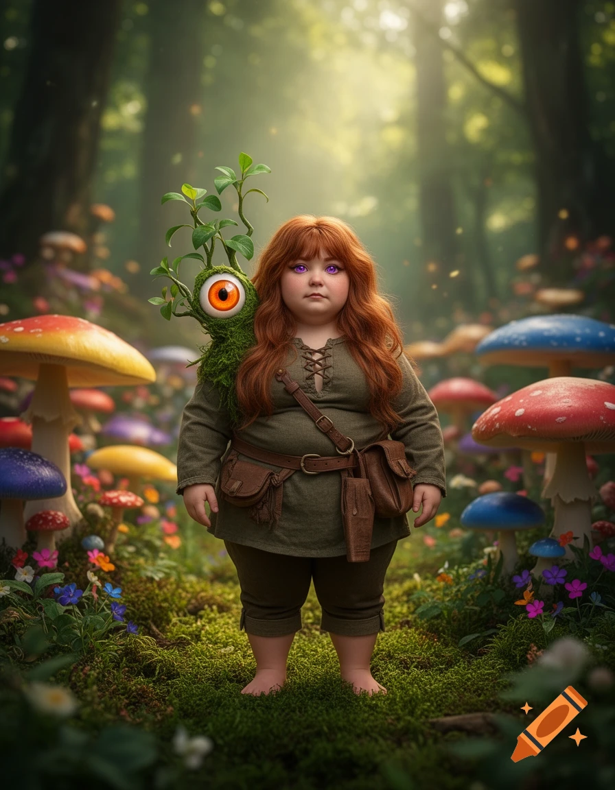 Zaftig gnome-woman with red hair and violet eyes, a symbiotic eyeball-plant on her shoulder, stands barefoot in a magical mushroom forest.