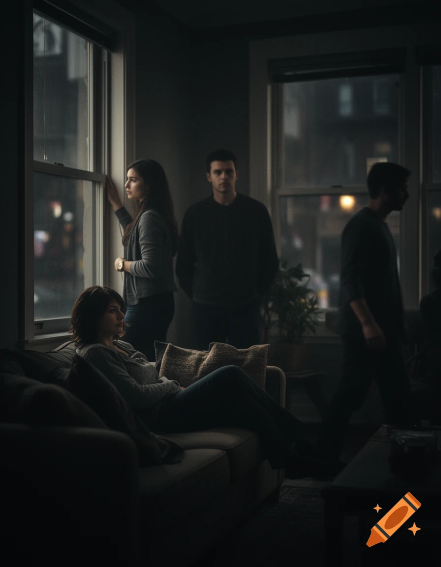 Photorealistic image of four people in a dimly lit room: a woman on a ...