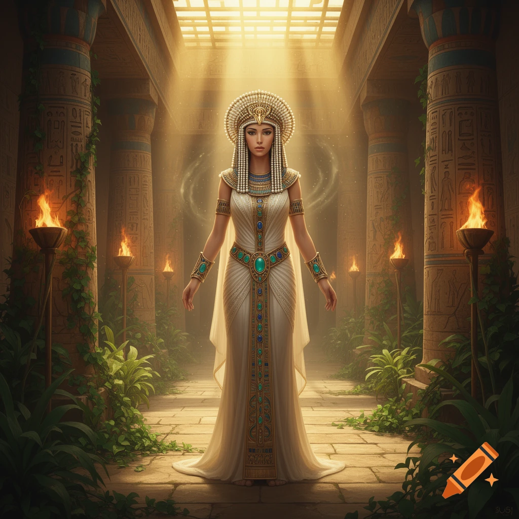 An ornate depiction of a goddess-like woman in an ancient Egyptian temple, bathed in golden light, surrounded by columns and greenery.
