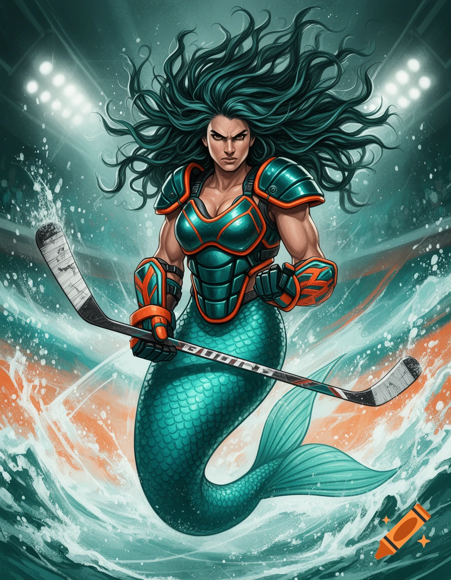 A strong, fierce mermaid in teal and orange hockey armor holds a hockey stick amidst splashing water, styled like a sports mascot.