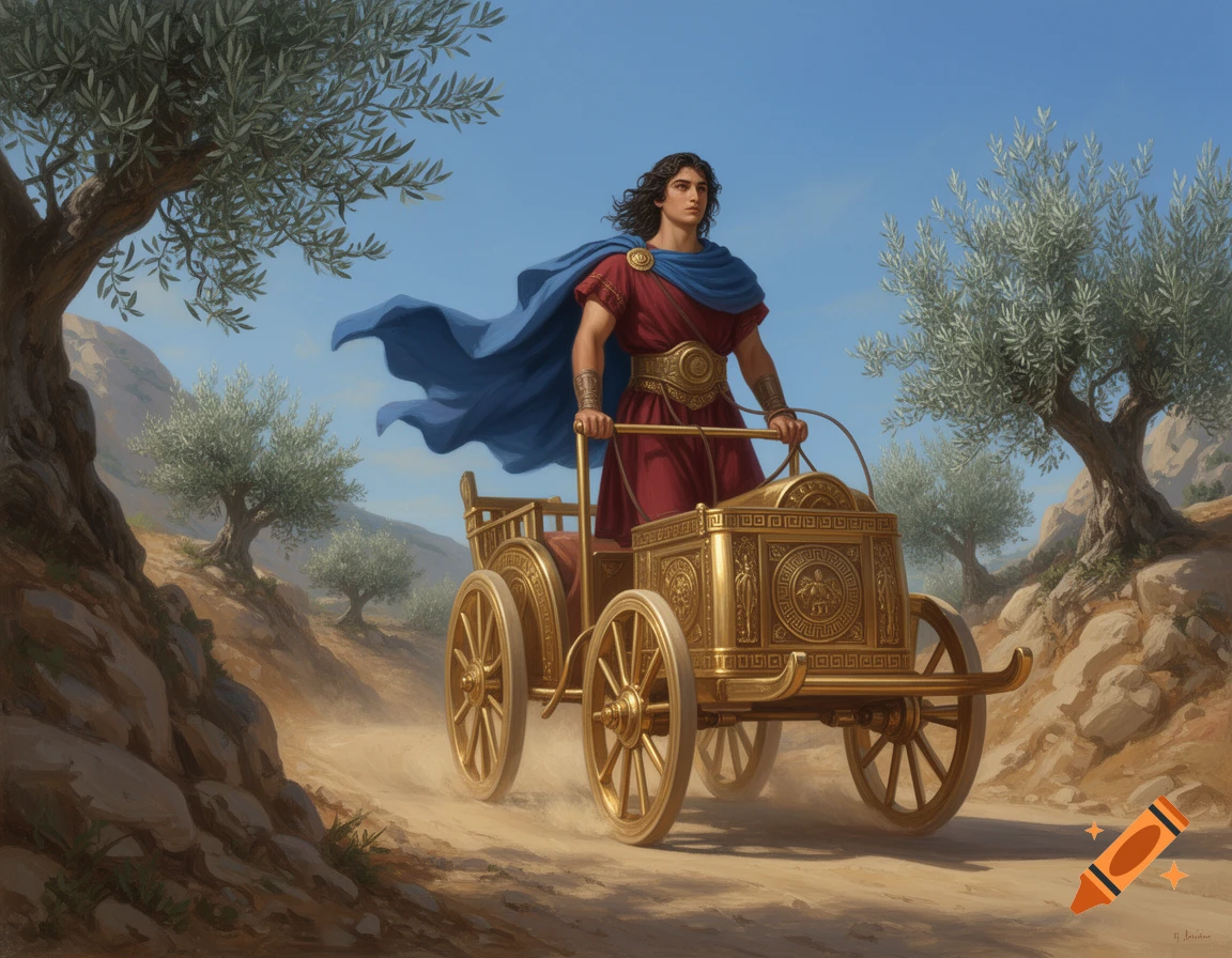 A man in a red tunic and blue cape drives a golden chariot on a dusty road, surrounded by olive trees under a clear sky.